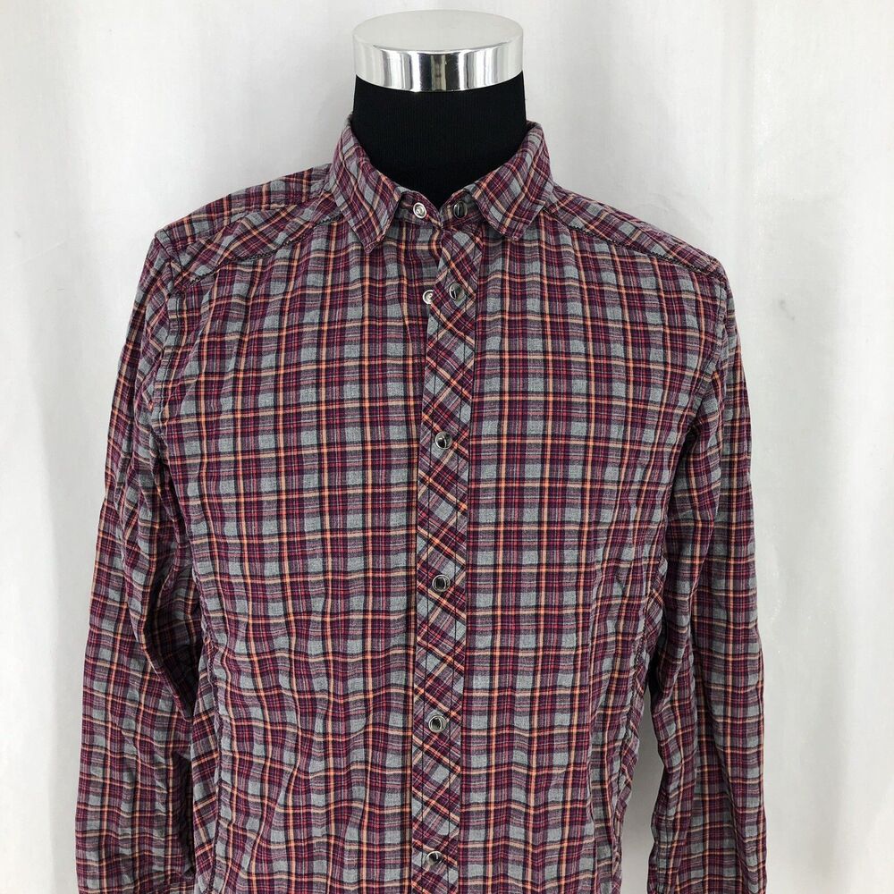 Prana Archer Pearl Snap Long Sleeve Red Gray Plaid Shirt M2ARCH315 Medium
